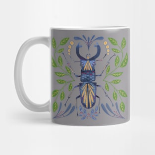 Whimsical Beetle Bug Drawing with leaves and flower pattern Mug